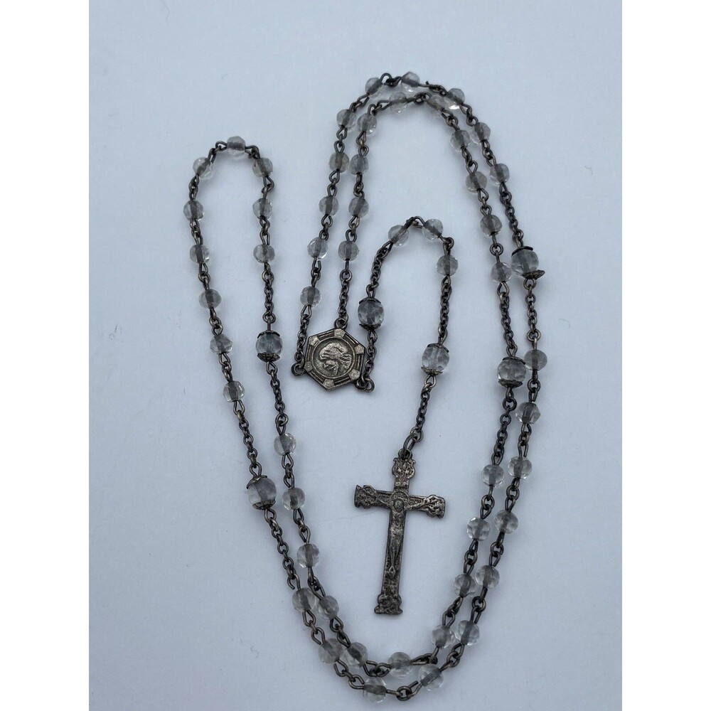 Vtg Rosary Clear Crystal Beads, Sterling Silver, Virgin Mary, Jesus Catholic 19”